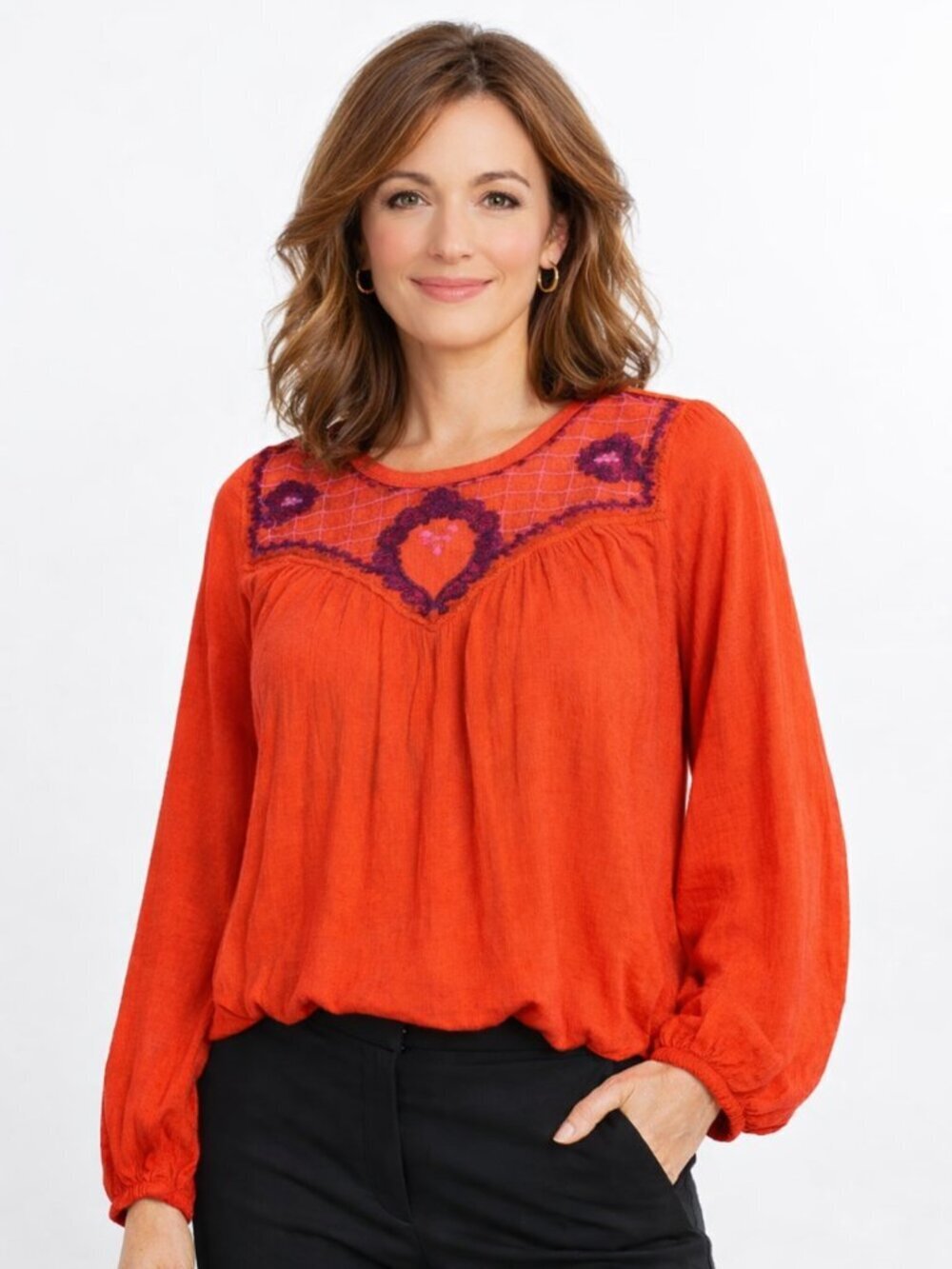 Free People Red Boho Peasant Begonia Blouse Embroidered Long Sleeve Top Size M